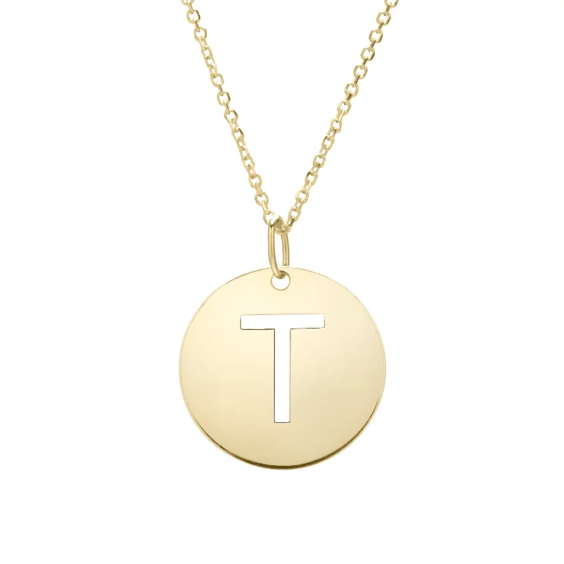 Ladies Necklaces Wave Spark-14K Gold Disc Initial T Necklace