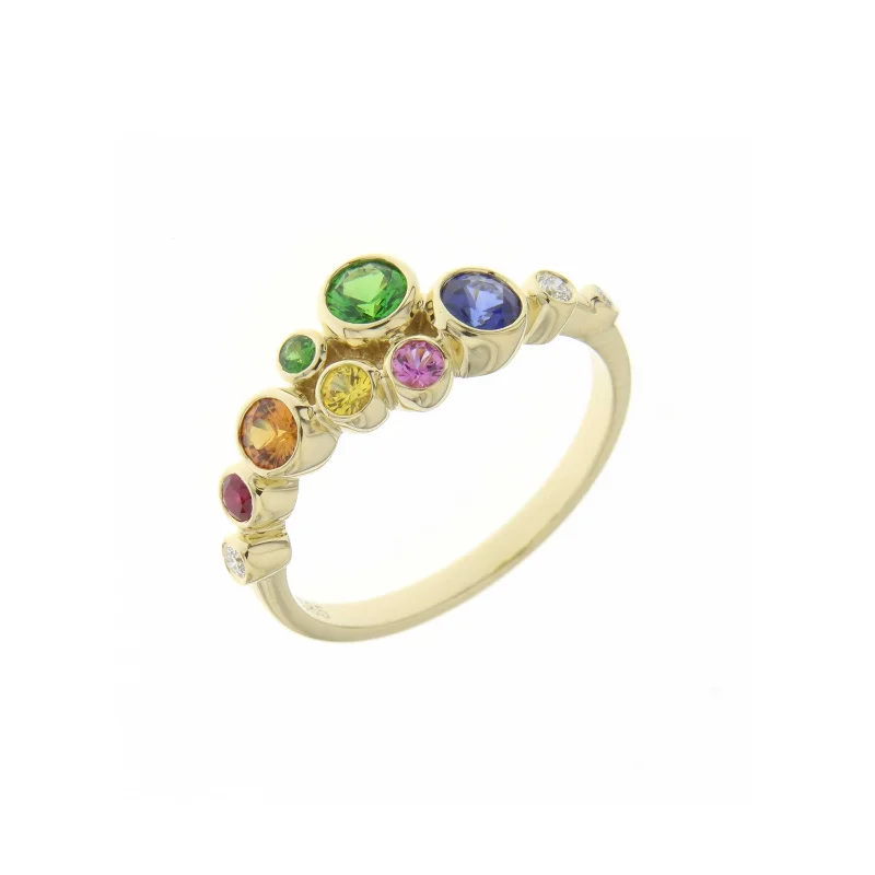 Ladies Twisted Design Rings -Rainbow Gemstone Bezel Set Ring, 14K Yellow Gold