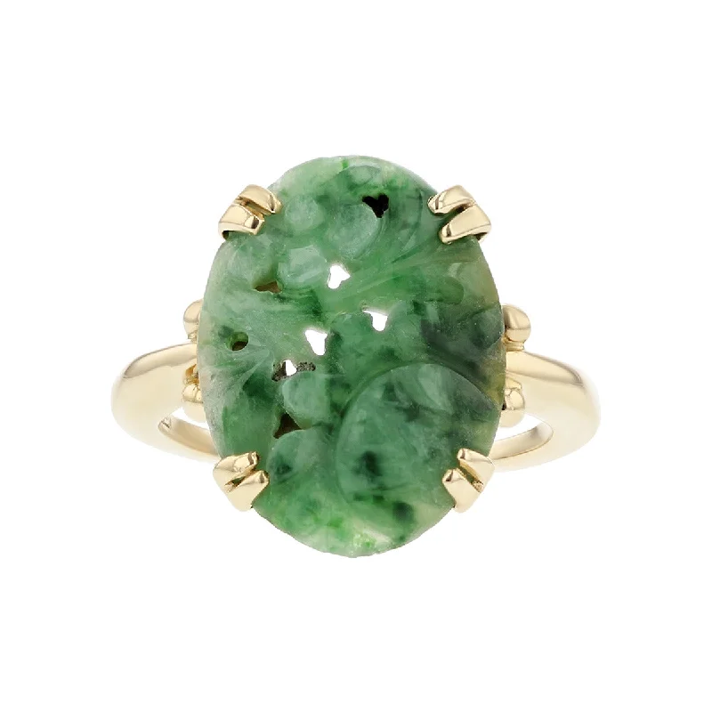 Ladies Evening Glow Rings -14K Yellow Gold Oval Carved Green Jade Ring