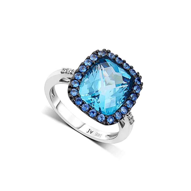 Ladies Slim Line Rings -Cushion Cut Blue Topaz and Sapphire Ring, 14K White Gold