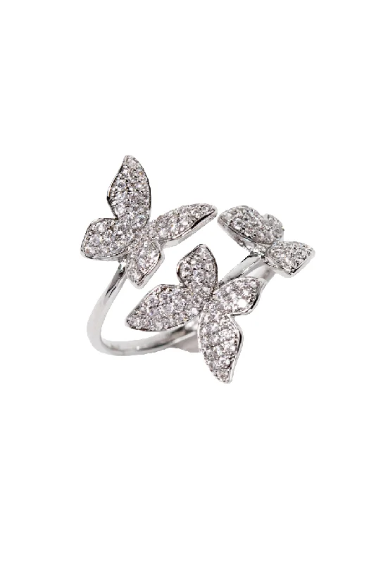 Ladies Antique Charm Rings -Sterling Silver CZ 3 Butterflies Ring