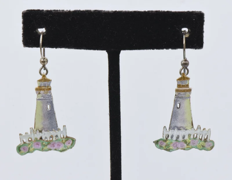 Ladies Wide Hoop Earrings -Vintage Sterling Silver Enameled Lighthouse Dangle Earrings