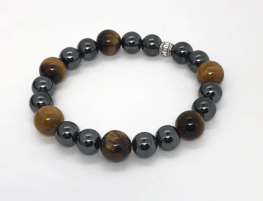 Ladies Bracelets with Flower Shine-Hematite and Tigers Eye Stretchy Bracelet