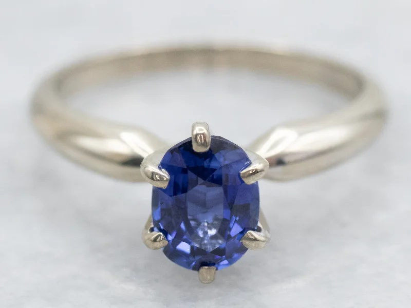 Ladies Spiritual Engagement Rings -White Gold Deep Blue Sapphire Solitaire Engagement Ring