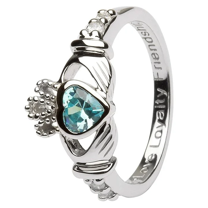 Ladies Fairy Tale Rings -MARCH Birthstone Silver Claddagh Ring LS-SL90-3 Inscribed with "Love Loyalty Friendship"