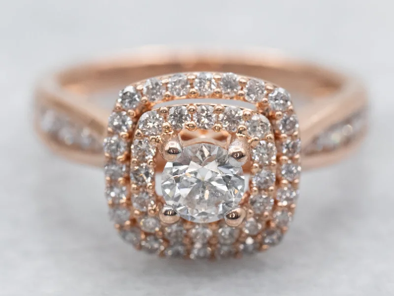 Ladies Baroque Engagement Rings -Modern Rose Gold Diamond Engagement Ring with Double Diamond Halo