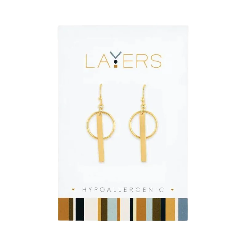 Ladies Confidence Charm Earrings -Gold Circle & Bar Dangle Layers Earrings