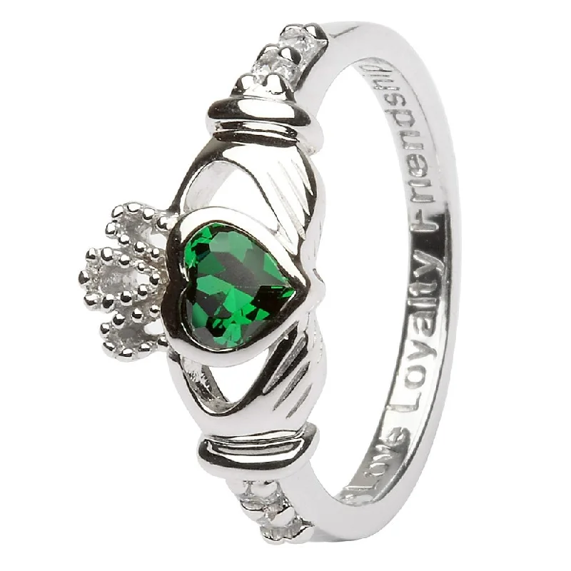 Ladies Dragon Claw Rings -MAY Birthstone Silver Claddagh Ring LS-SL90-5 Inscribed with "Love Loyalty Friendship"