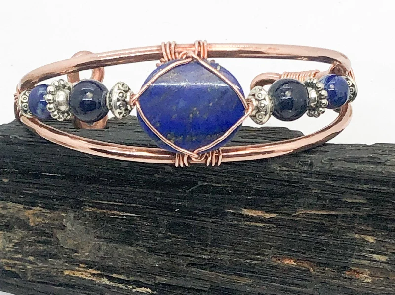 Ladies Bracelets Ethnic Spark-Lapis Lazuli with Lapis Side Stones Handmade Wirewrapped Bracelet