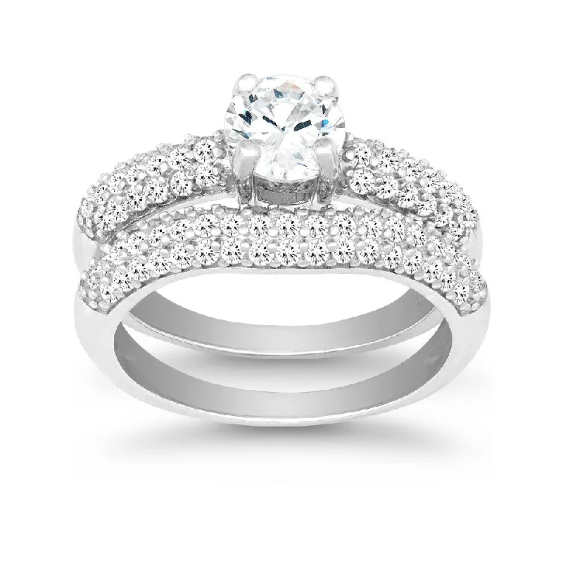 Ladies Vibrant Engagement Rings -Sterling Silver CZ Engagement and Wedding Ring Set - W-9897