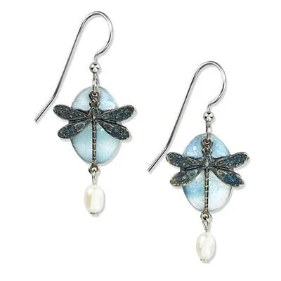 Ladies Climber Style Earrings -Silver Forest Earrings Silver Blue Dragonfly White Bead