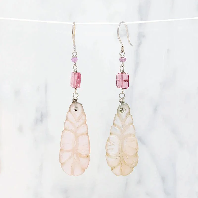 Ladies Climber Style Earrings -Romantic Carved Rose Quartz & Pastel Gem Earrings by brunet