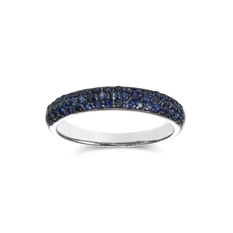 Ladies Glass Stone Rings -Pavé Set Blue Sapphire Ring, 14K White Gold