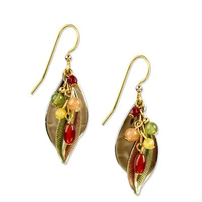 Ladies Everyday Wear Earrings -Silver Forest Earrings Gold Fall Color Beads on Teardrop