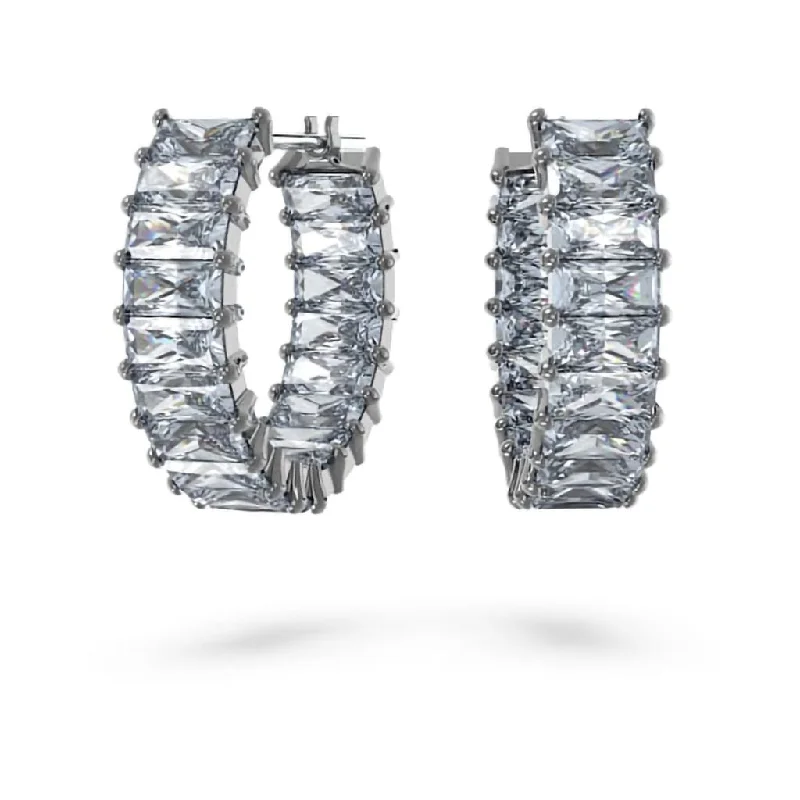 Ladies Dog Bone Earrings -Swarovski : Matrix Hoop Earrings in Gray - Baguette Cut, Rhodium