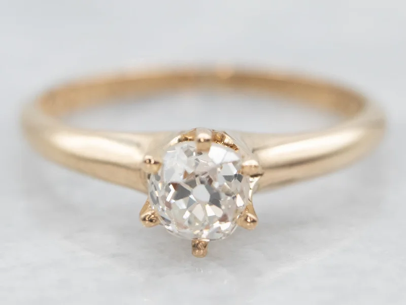 Ladies Halo Engagement Rings -Yellow Gold Old Mine Cut Diamond Solitaire Engagement Ring