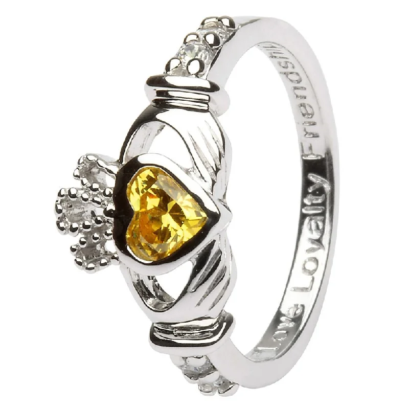 Ladies Healing Crystal Rings -NOVEMBER Birthstone Silver Claddagh Ring LS-SL90-11 Inscribed with "Love Loyalty Friendship"