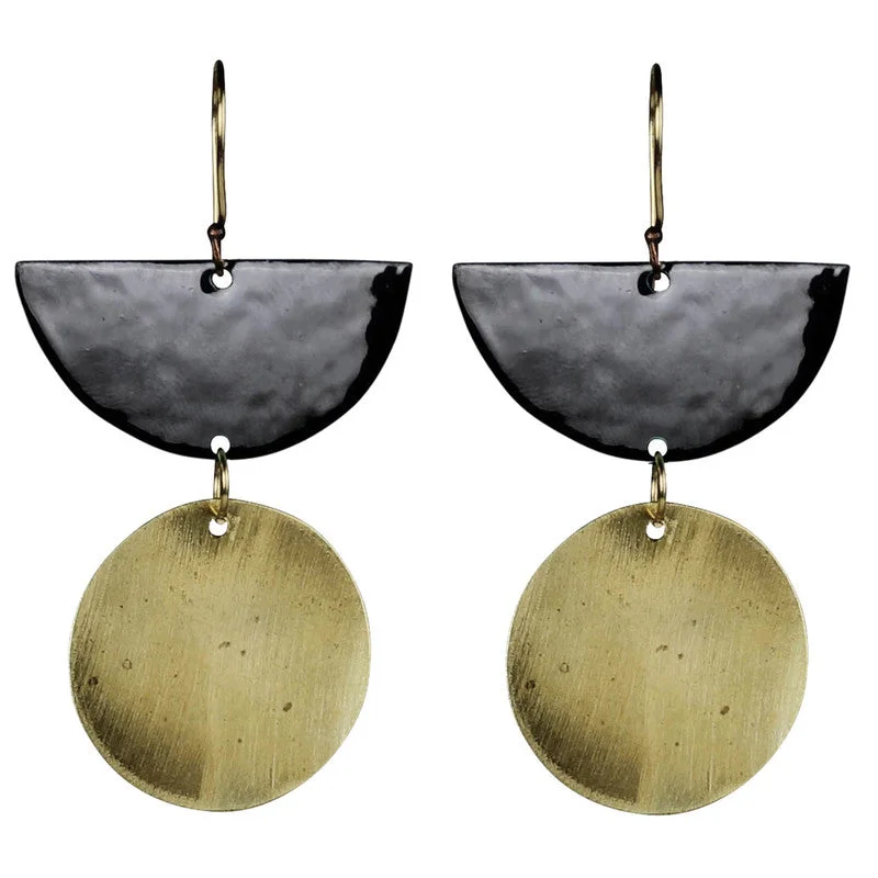 Ladies Titanium Minimal Rings -Donte Earring, Semi Circle With Circle Black Enamel & Brass