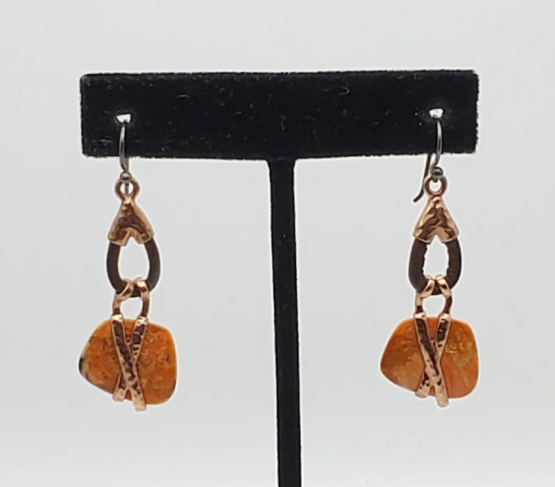 Ladies Happiness Glow Earrings -Barse - Copper, Leather and Orange Jasper Dangle Earrings