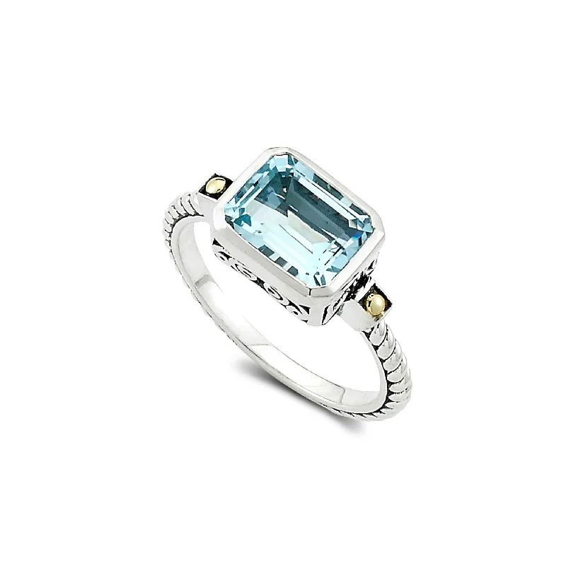 Ladies Hexagon Gem Rings -Rectangular Blue Topaz Ring, Sterling Silver and Yellow Gold