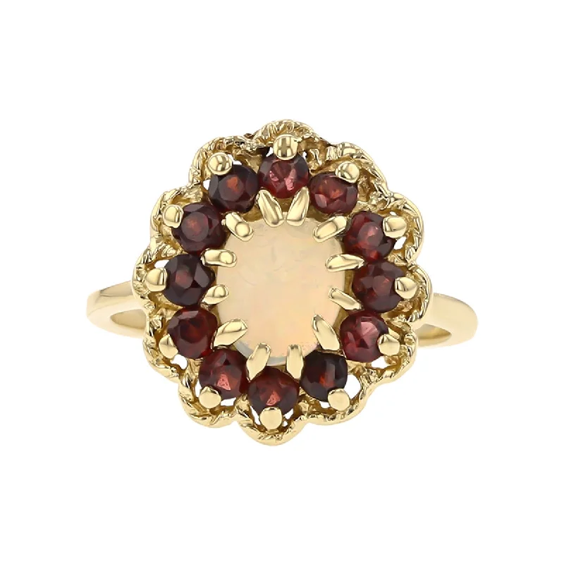 Ladies Yellow Citrine Rings -14K Yellow Gold Cabochon Opal and Garnet Halo Ring