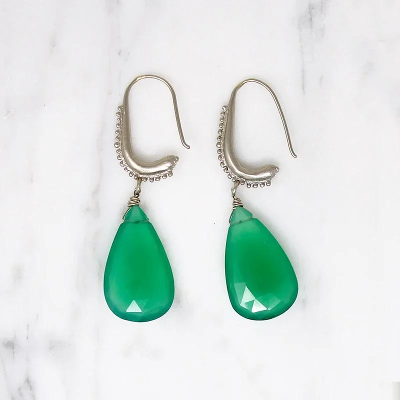 Ladies Uneven Design Earrings -The Mughal Earring with Green Onyx Drops by brunet