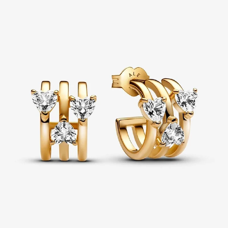 Ladies Playful Spirit Earrings -PANDORA : Triple Heart Hoop Earrings - Gold