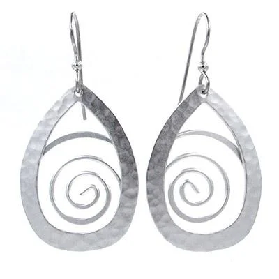 Ladies Inscribed Earrings -Silver Forest Earrings Silver Coil in Open Hammered Teardrop