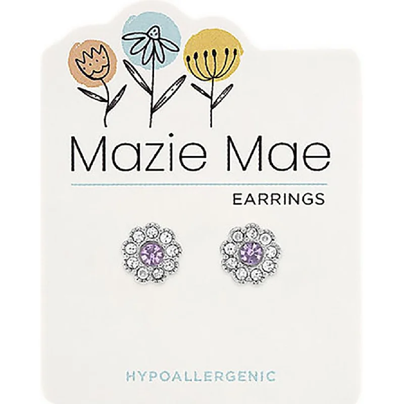 Ladies Sapphire Stone Earrings -Center Court : Silver Light Amethyst Cubic Zirconia Flower Stud Mazie Mae Earrings