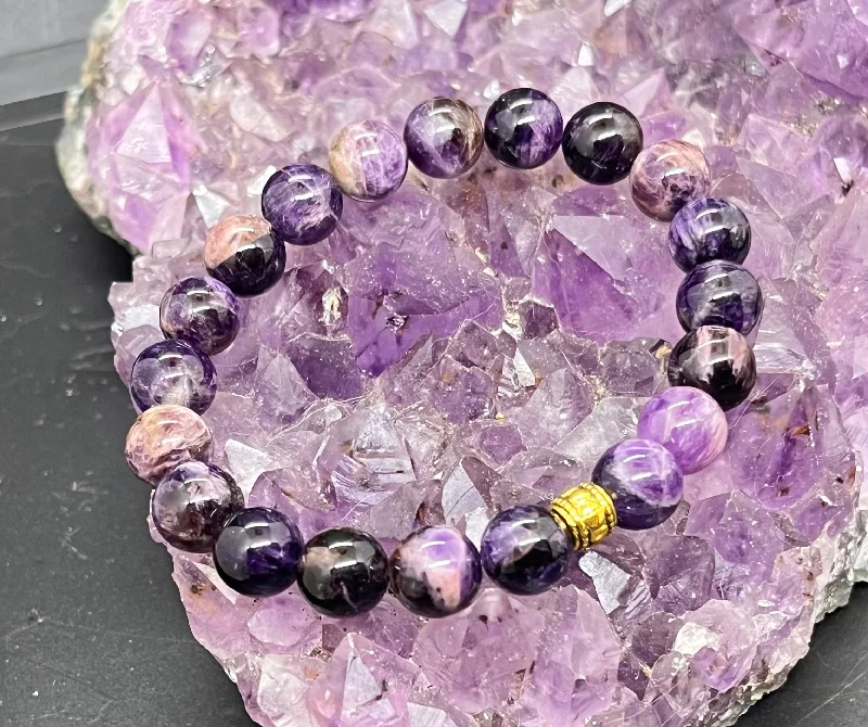 Ladies Bracelets with White Phenakite-Amethyst Stretchy Bracelet