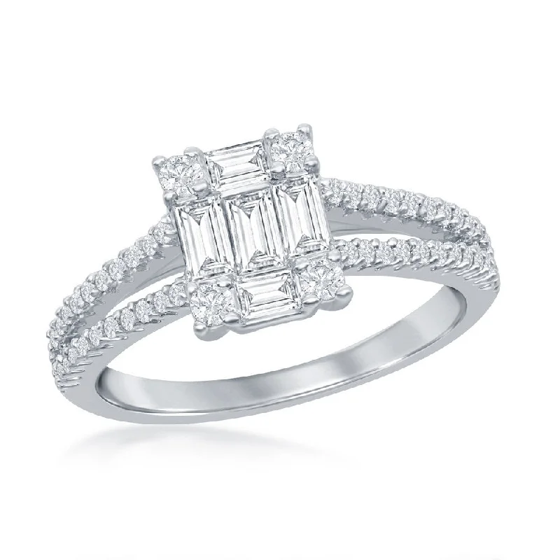 Ladies Dreamy Engagement Rings -Sterling Silver Baguette CZ Emerald-Cut Engagement Ring - W-2411