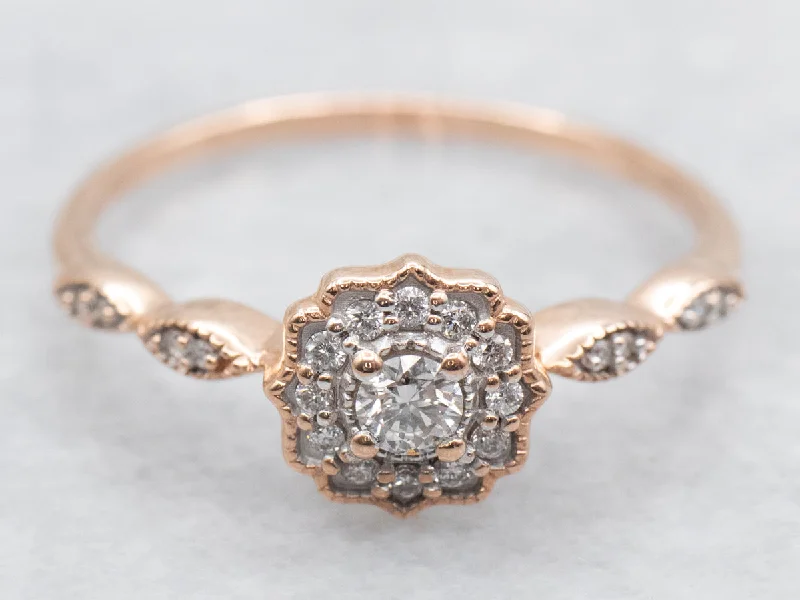 Ladies Domed Engagement Rings -Sweetheart Rose Gold Diamond Halo Engagement Ring