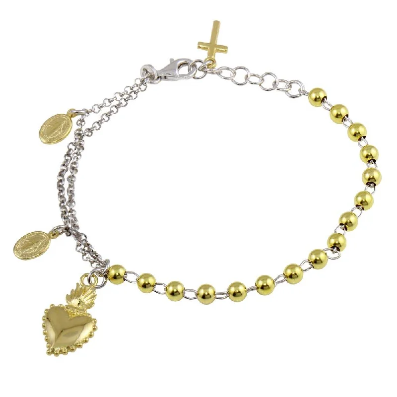 Ladies Bracelets with Bronze Enstatite-Gold Plated 925 Sterling Two-Tone 925 Sterling Silver Heart Center Dangling Charm Bead Bracelet - ARB00054RH-GP