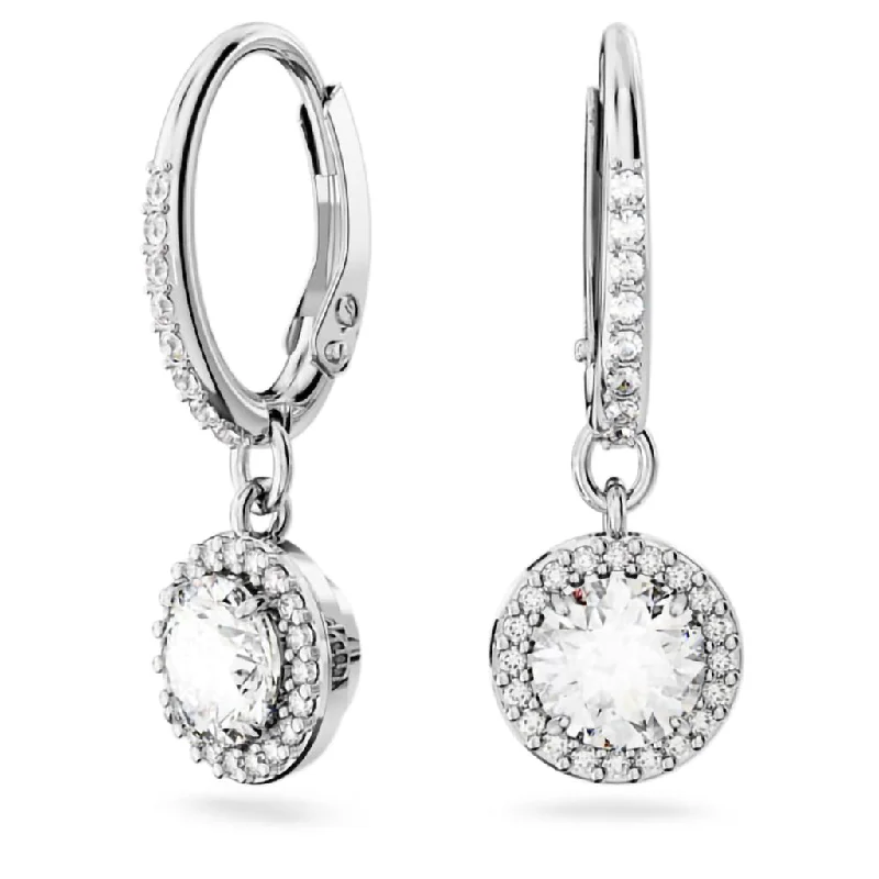 Ladies Single Stone Earrings -Swarovski : Una Drop Earrings in White -Round Cut, Rhodium