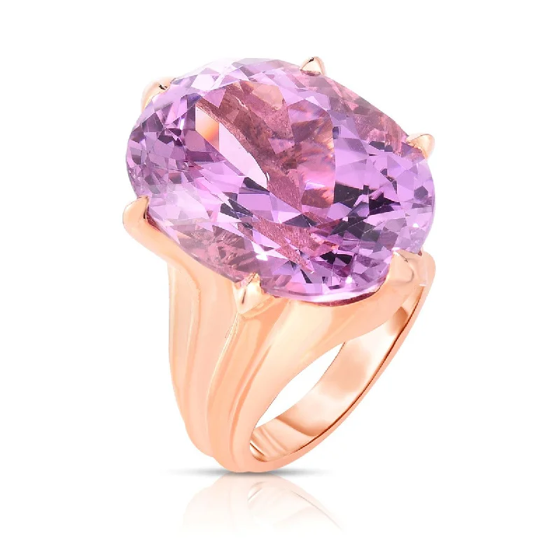 Ladies Sterling Silver Rings -18K Rose Gold Oval Kunzite Solitaire Ring