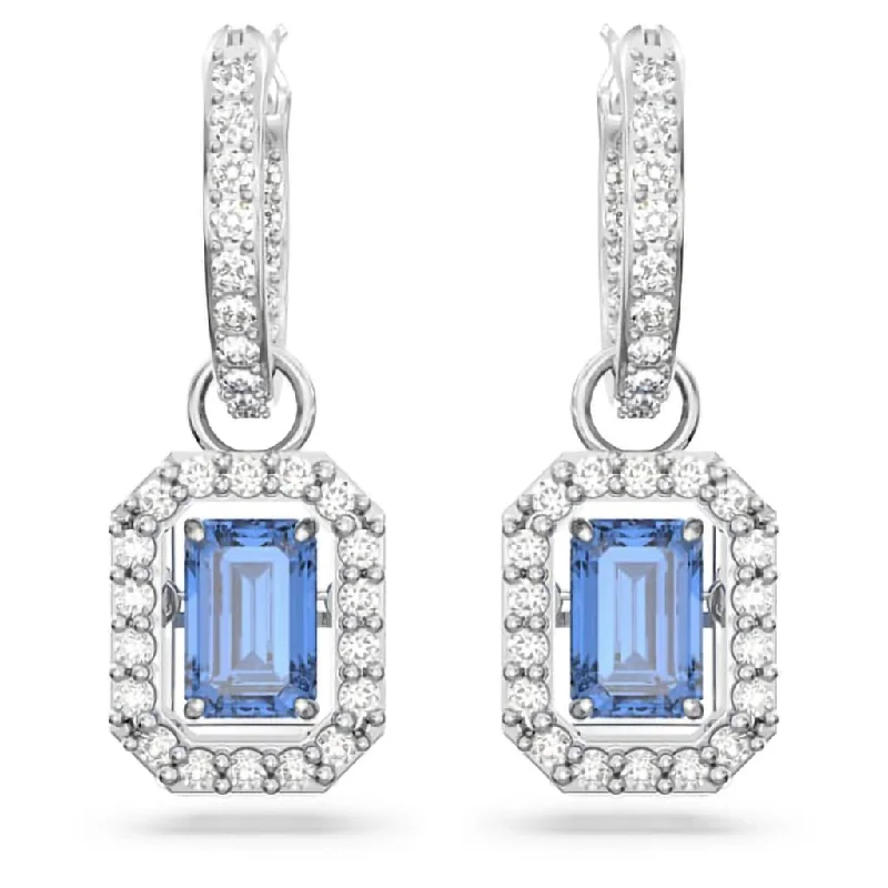 Ladies Delicate Chain Earrings -Swarovski : Una Drop Earrings in Blue Octagon Cut, Rhodium