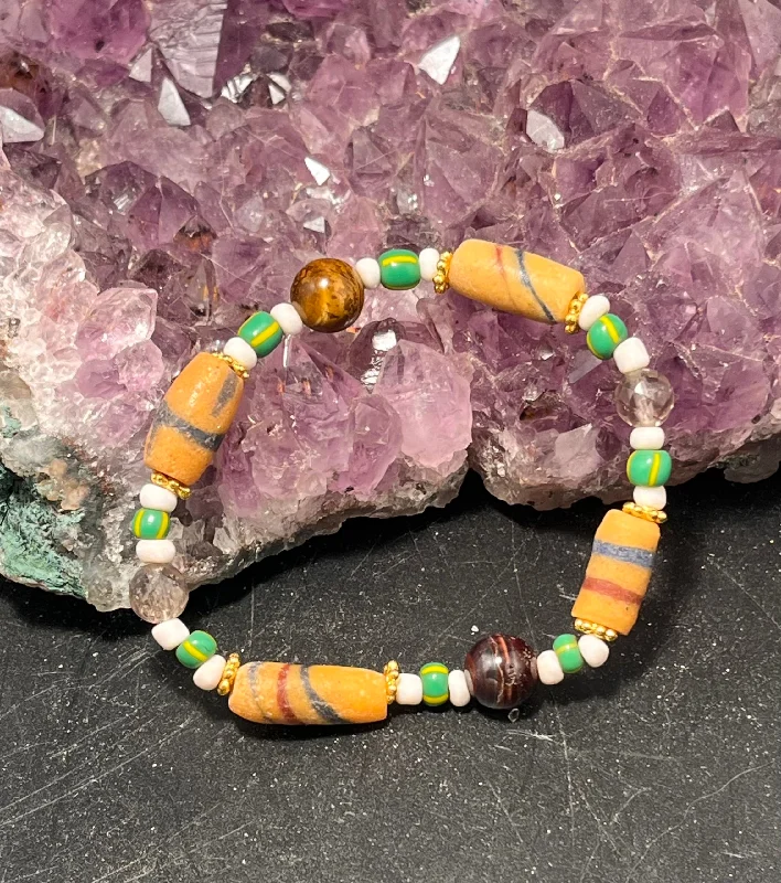 Ladies Bracelets for Grandma Spark-African Beads, Smoky Quartz and Tigers Eye Stretchy Bracelet