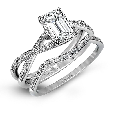 Ladies Green Diamond Engagement Rings -Emerald-cut Criss-cross Engagement Ring & Matching Wedding Band in 18k Gold with Diamonds MR1394-EM