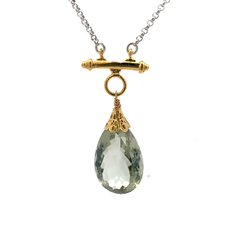 Ladies Necklaces with Pink Vivianite-Green Amethyst Drop Necklace in Two-Tone Gold by Anatoli