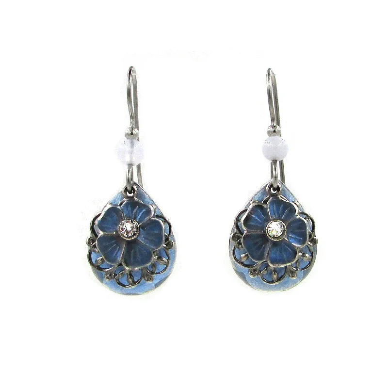 Ladies Luminous Drop Earrings -Silver Forest Blue Small Teardrop With Flower Layered Drop Earrings