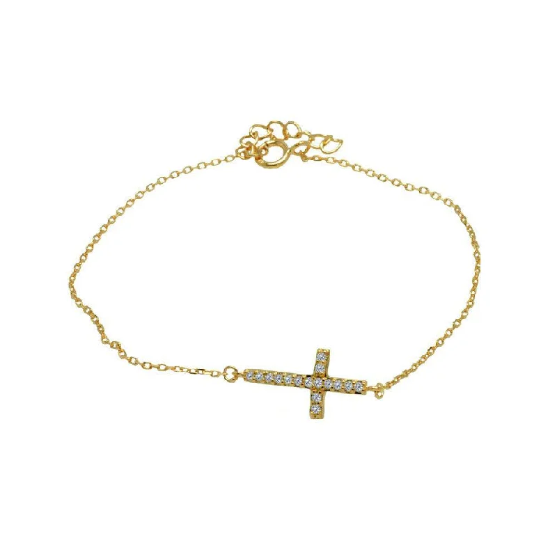 Ladies Bracelets Luxe Spark-Silver 925 Gold Plated Sideways Cross Clear CZ Inlay Bracelet - BGB00145