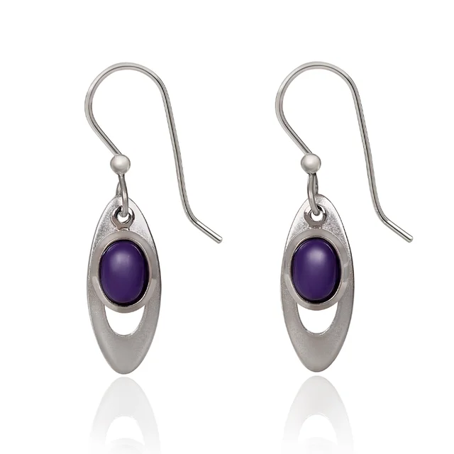 Ladies Playful Spirit Earrings -Silver Forest Earrings Open Long Oval with Purple Bead