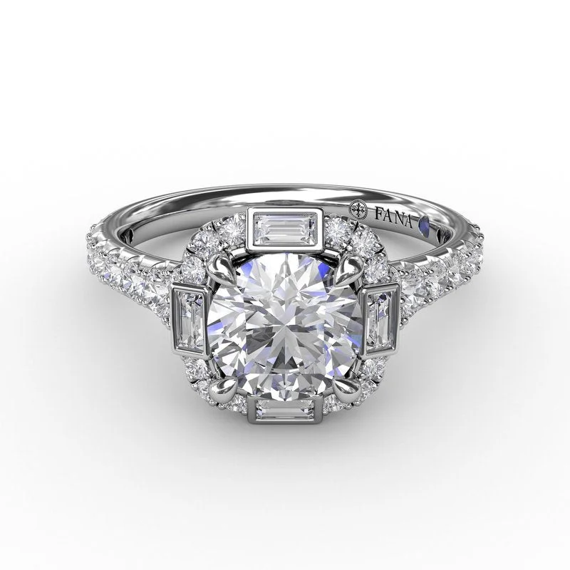 Ladies Floral Engagement Rings -Cushion Shaped Diamond Halo Engagement Ring With Baguettes S3286