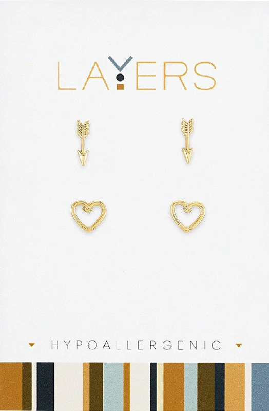 Ladies Dreamy Cloud Earrings -Gold Arrow & Open Heart Duo Pair Stud Layers Earrings