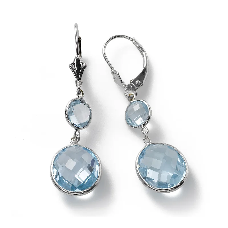 Ladies Art Deco Gem Rings -Blue Topaz Faceted Bezel Drop Earring, 14K White Gold