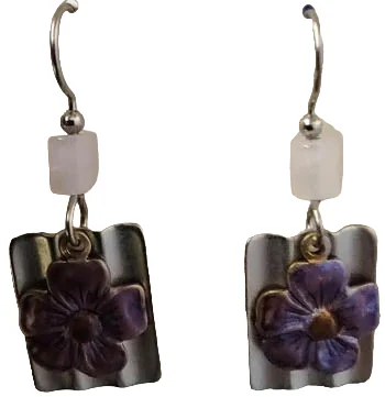 Ladies Animal Theme Earrings -Silver Forest Purple Flower Wavy Rectangle Earrings