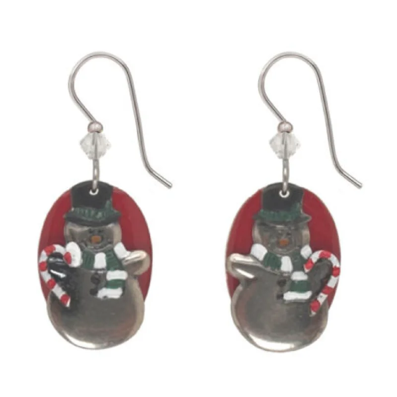 Ladies Baroque Pearl Earrings -Silver Forest Earrings Snowman with Candy Cane on Red Teardrop