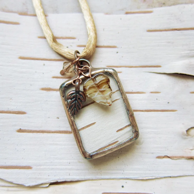 Ladies Necklaces with Pure Okenite-Soldered Pendant Necklace Birch Bark with Copper Leaves