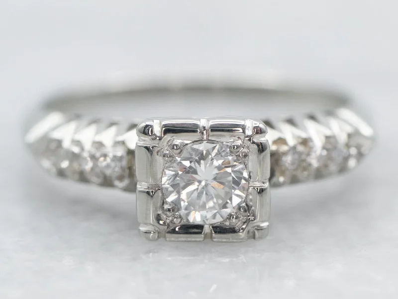 Ladies Milgrain Engagement Rings -White Gold Diamond Engagement Ring with Diamond Accents