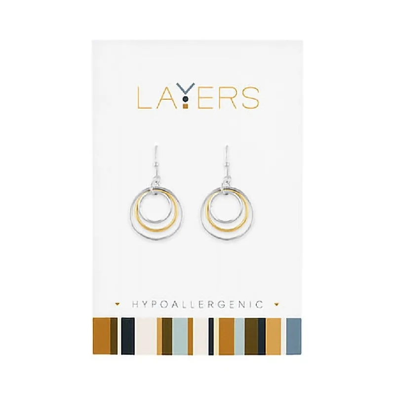 Ladies Topaz Sparkle Earrings -Center Court : Silver Two-Tone Three Circle Dangle Layers Earrings